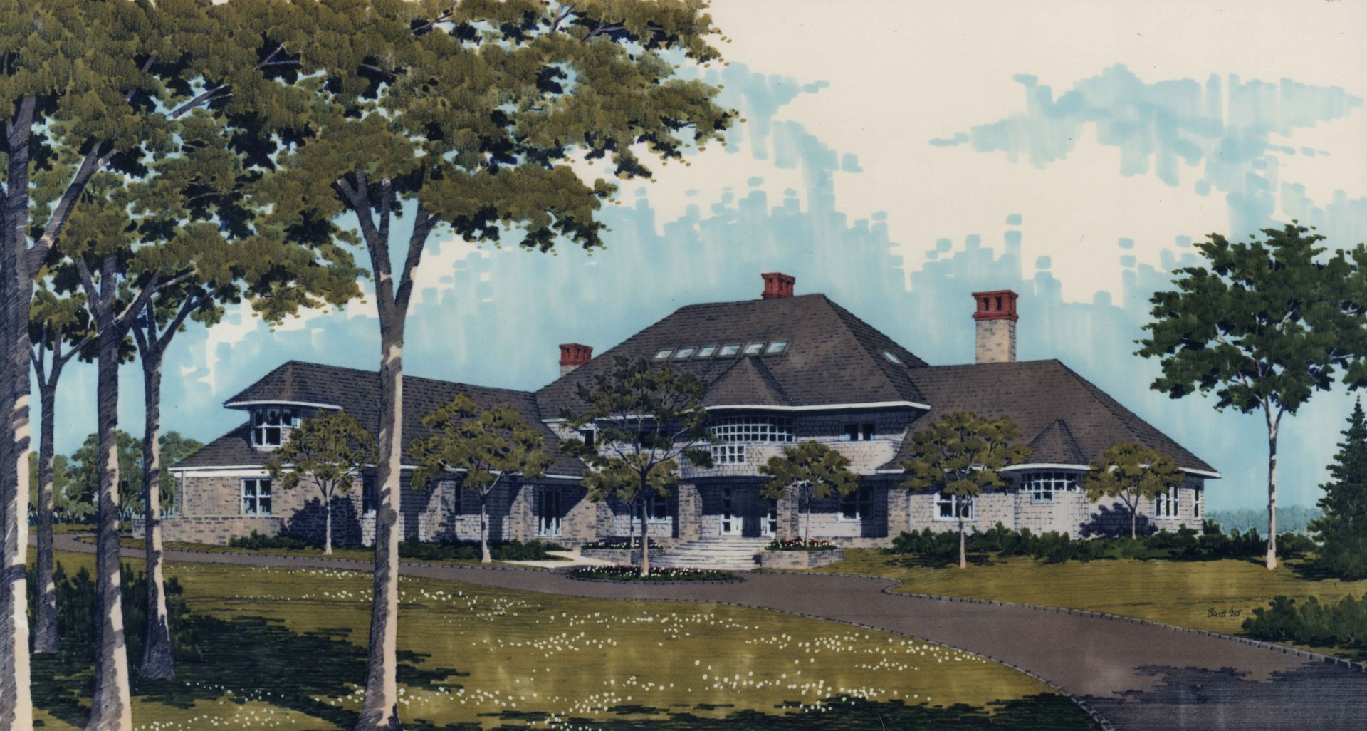 Rendering of a large, multi-section house with a dark roof and stone siding, trees in the foreground.