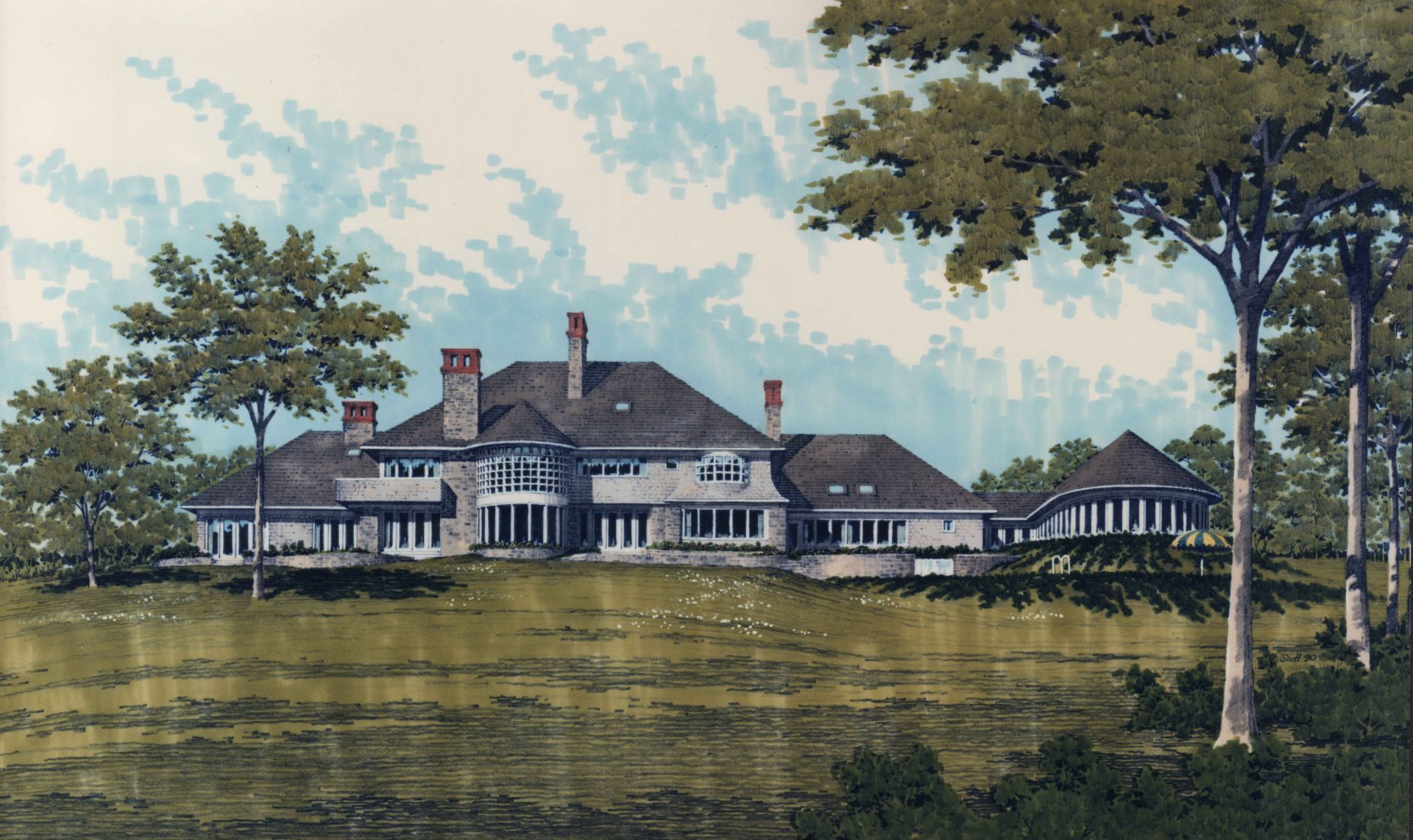 Architectural rendering of a large, multi-level house with light stone exterior.