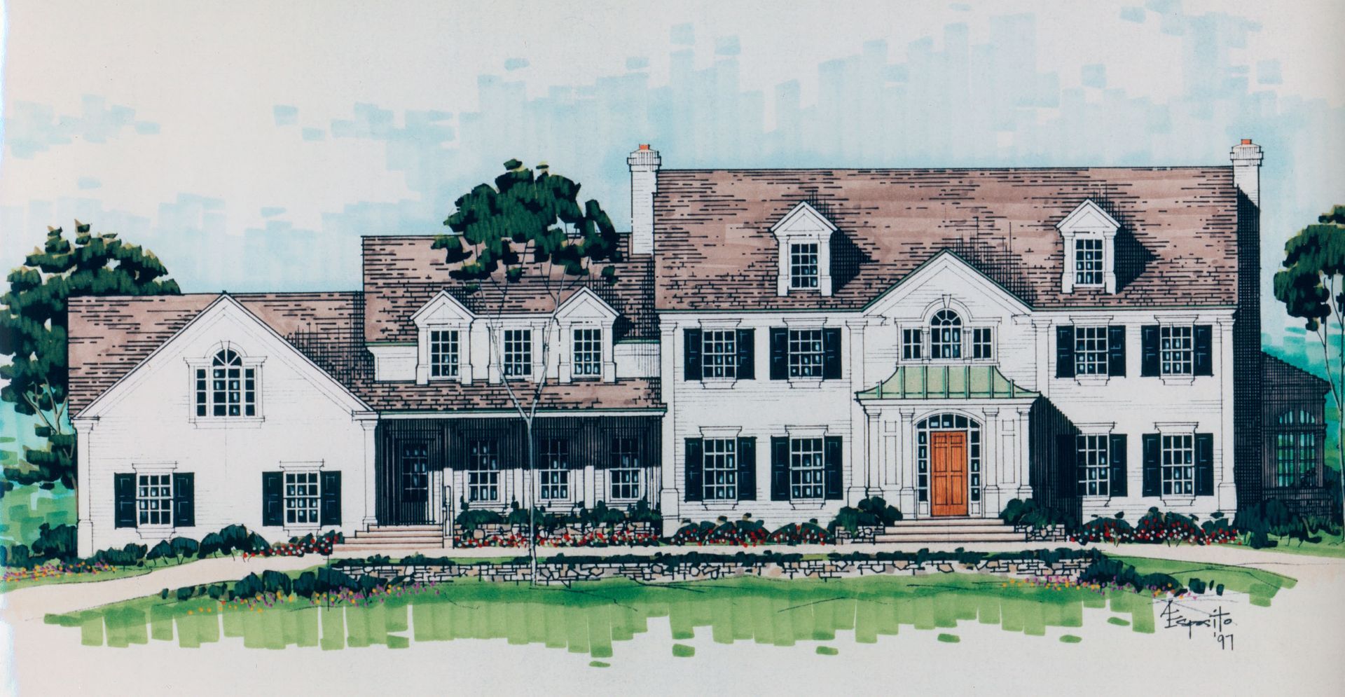 Watercolor rendering of a white two-story house with black shutters, dormer windows, and a brown roof.
