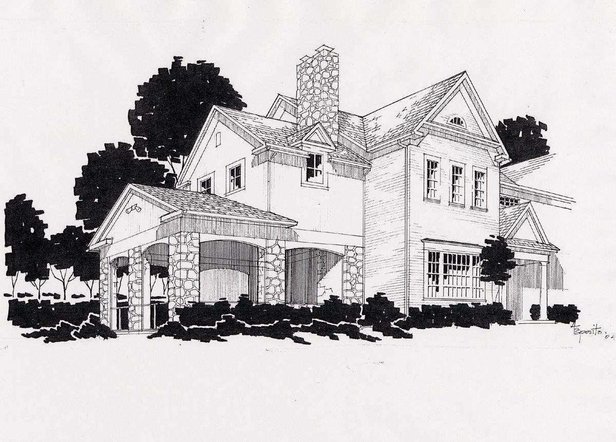 Black and white architectural rendering of a two-story house with a porch, chimney, and landscaping.