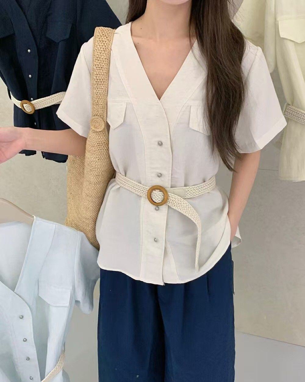 氣質棉麻上衣加皮帶