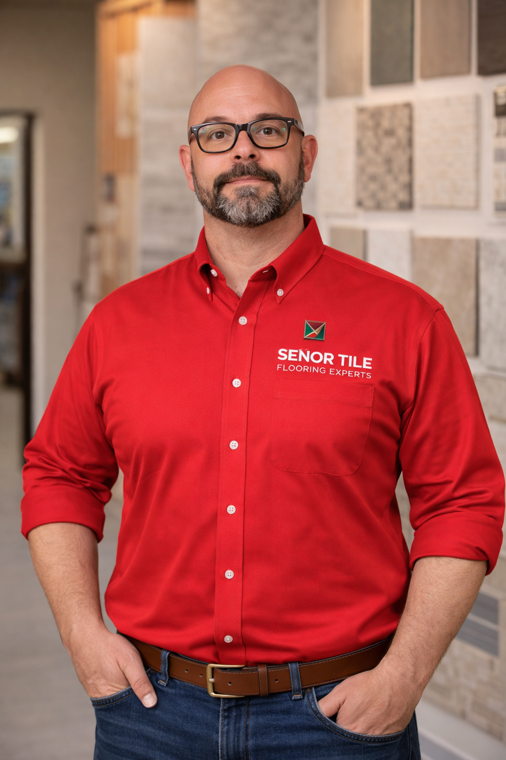 A man is laying tiles on a concrete floor.