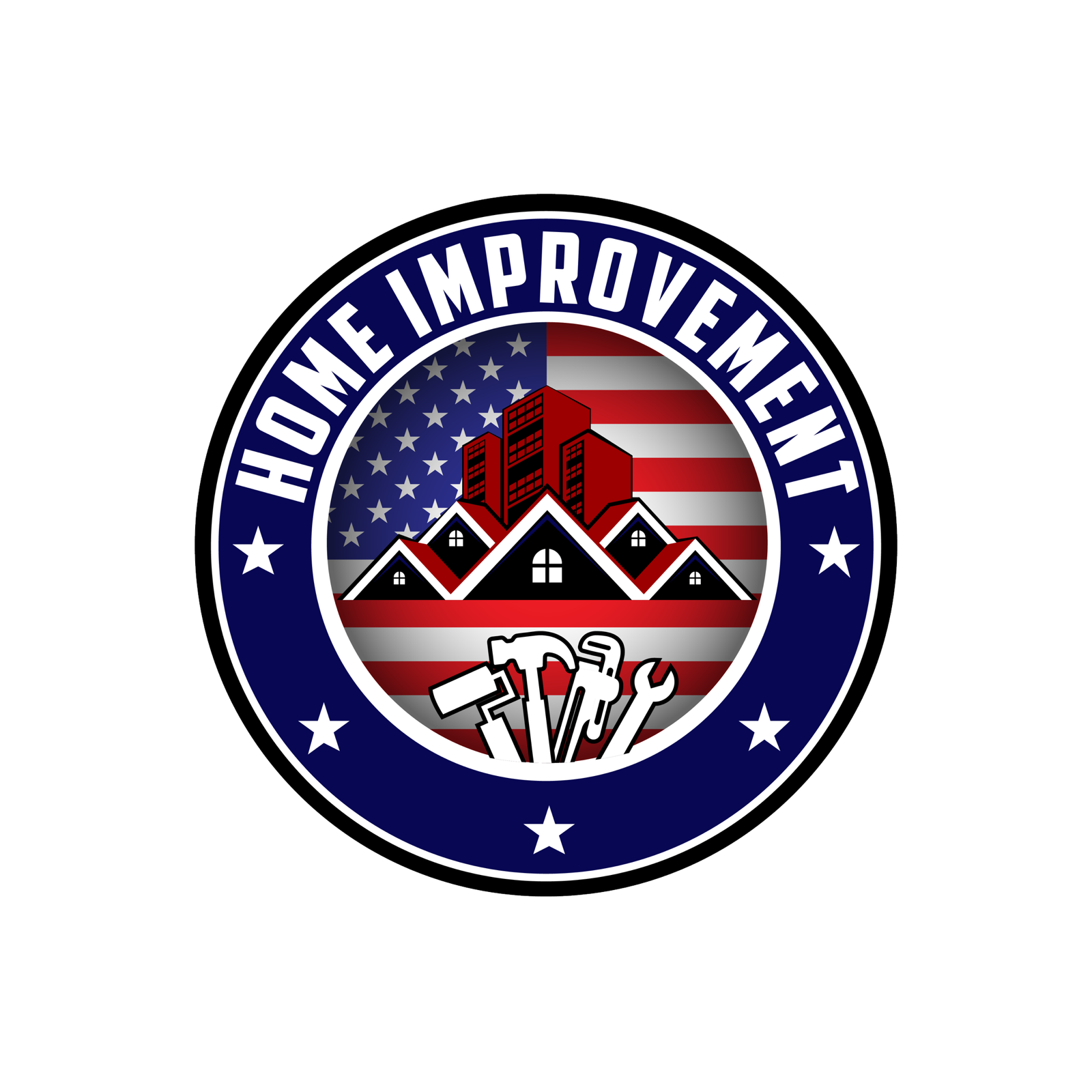 A logo for home improvement with an american flag , houses , and tools.