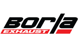Logo for Borla Exhaust, featuring black text on a red and white background.