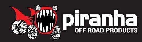 Logo for Piranha Off Road Products, featuring a red piranha-shaped vehicle with white teeth and wheels.