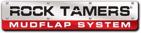 Logo for Rock Tamers Mudflap System: rectangular silver and red design with black text.