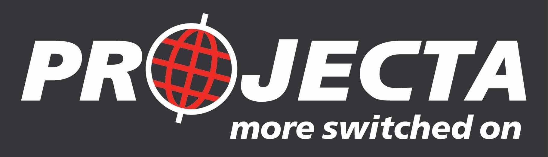 Projecta logo with a red and white globe in a circle and 