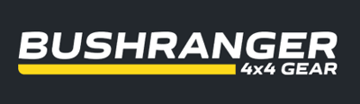 Logo for Bushranger 4x4 Gear, white text on black background, yellow underline.