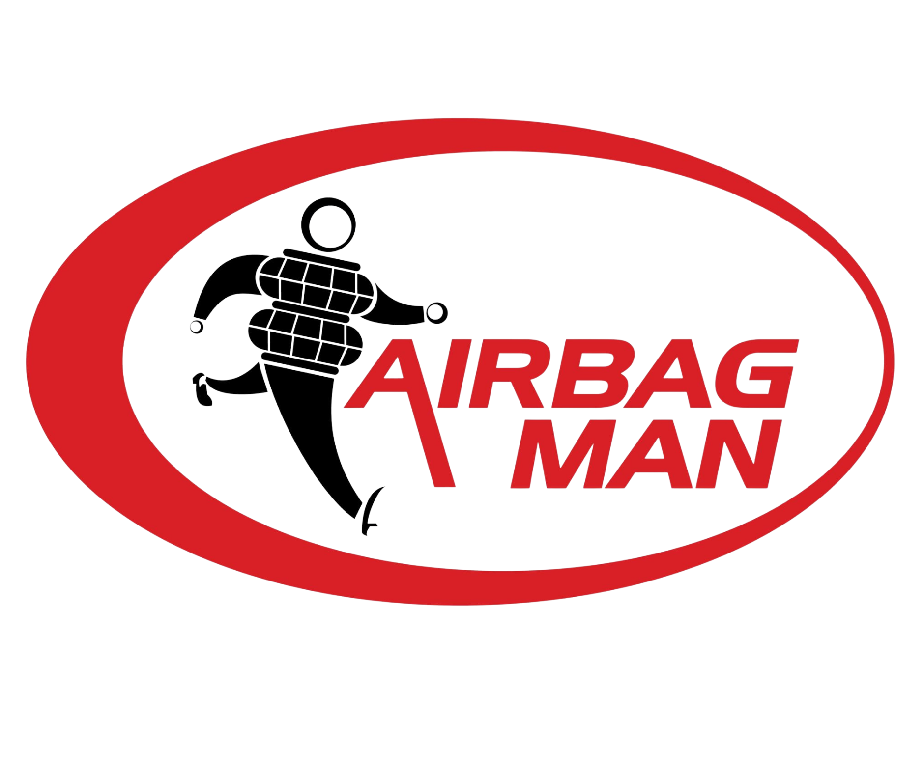 Airbag Man logo: Black figure in an airbag suit, inside a red oval, with 