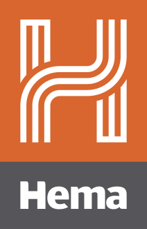 Hema logo: white stylized 