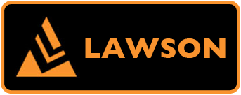 Lawson logo: orange triangle icon and text on a black background with an orange border.