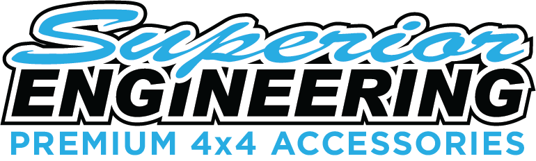 Logo for Superior Engineering, a 4x4 accessory company. Text in blue and black with a white outline.
