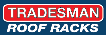 Logo of “Tradesman Roof Racks” in white text over red rectangle on a blue background.