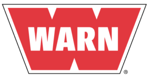 Red and white Warn logo with a trapezoid outline, featuring the word 