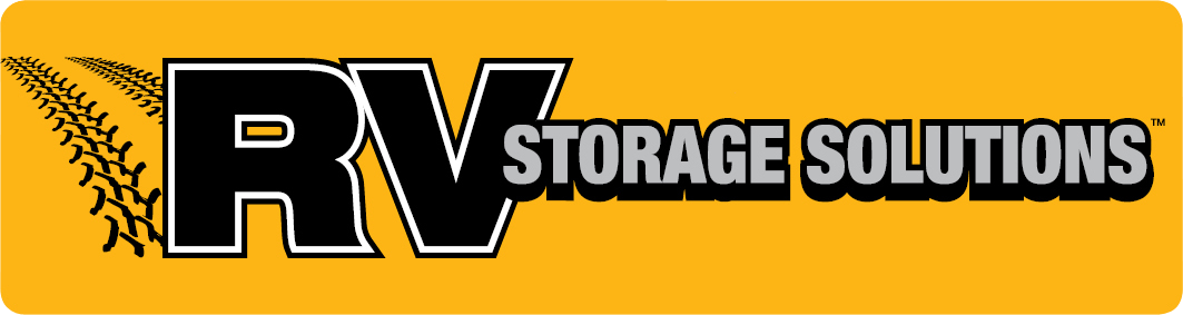 Logo for RV Storage Solutions, featuring black and silver text on yellow background. Tire tracks on the left.