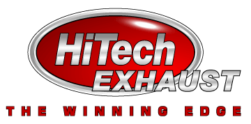 Logo: HiTech Exhaust in white and silver on red oval, with