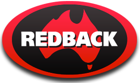 Redback logo: Red outline of Australia in red, black background with white text