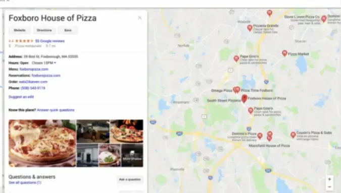 Pizza restaurant in Google Maps, example of Florida Coast SEO Google Business Services
