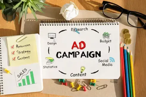Notebook with ad campaign strategy flow chart, part of our digital marketing services.