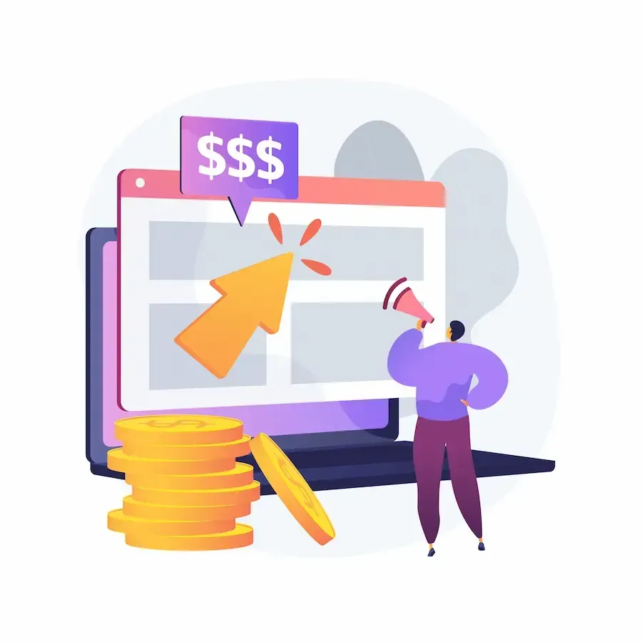 Coins and dollar signs in front of a computer screen, from ads placed by Florida Coast SEO.