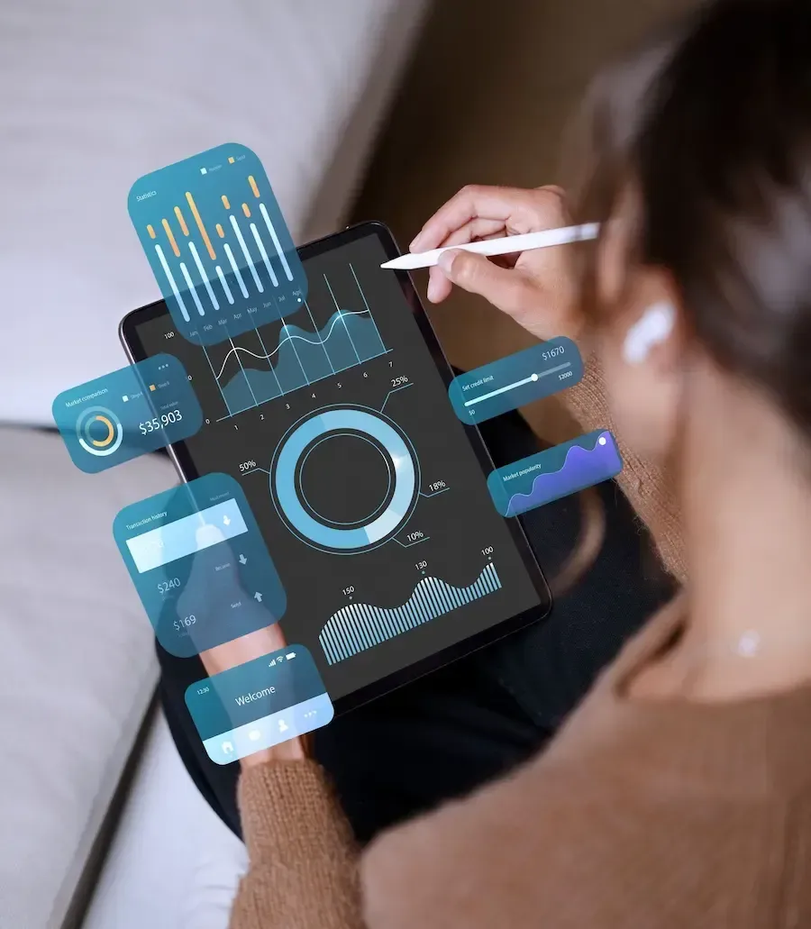 Woman doing analytics on a tablet, which is a service provided by Florida Coast SEO.