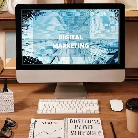 Computer screen that reads digital marketing, and notebook in front that says business plan schedule.