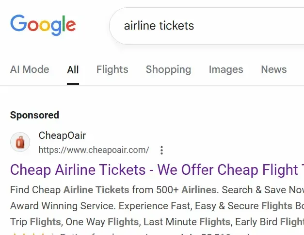 Clip of a computer screen showing a sponsored ad at the top of a Google Search. We provide Google Ads services.