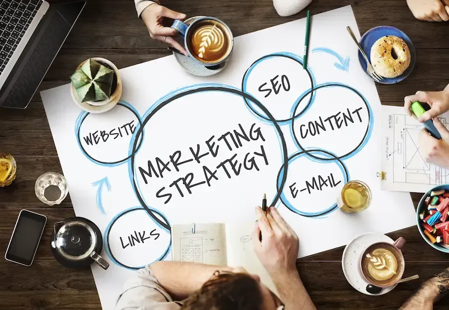 Marketing strategy poster on table showing Florida Coast SEO's integrated digital marketing services