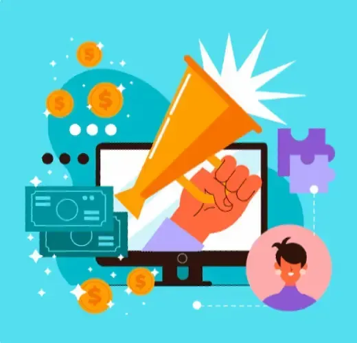 Hand holding bullhorn on computer screen with money around from social media advertising with Florida Coast SEO.