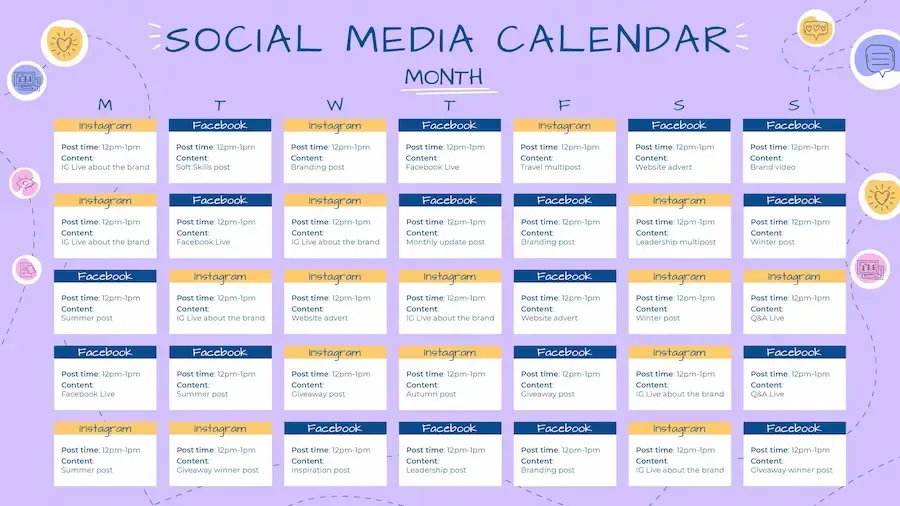 Social media calendar showing scheduled posts, part of our social media management services.