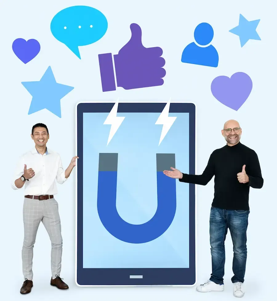 Two men showing how social media can draw people to your business, like we do at Florida Coast SEO.