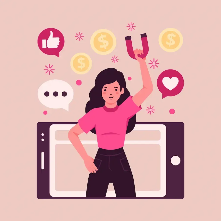 Lady holding a magnet bringing in likes and money, a result of social media management services by Florida Coast SEO.