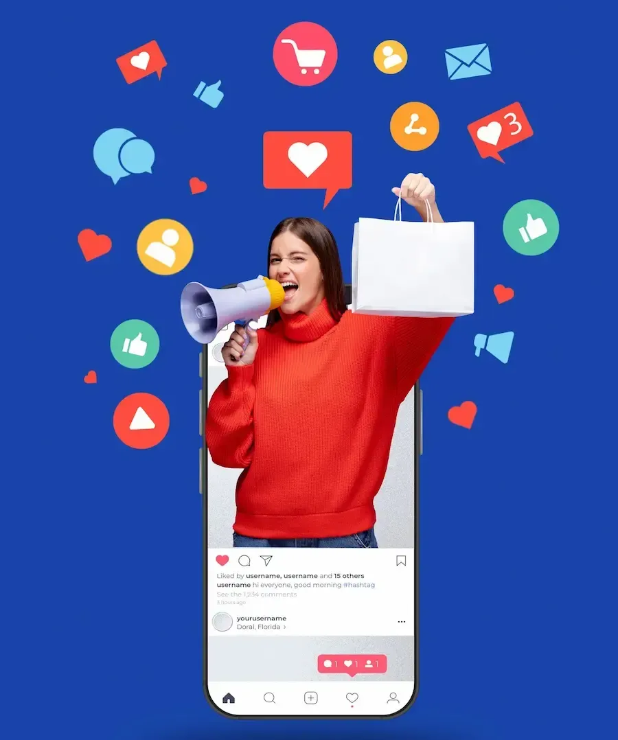 Lady holding up a shopping bag and yelling through a bullhorn, doing social media marketing for Florida Coast SEO.