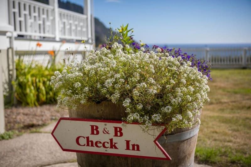 A barrel filled with flowers and a sign that says b & b check in.