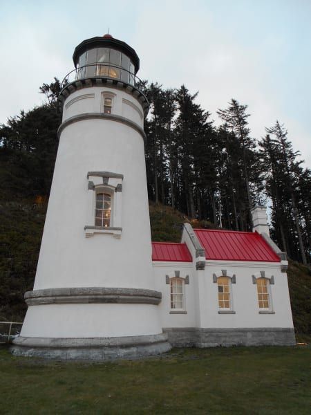 A white lighthouse with a red roof is surrounded by trees