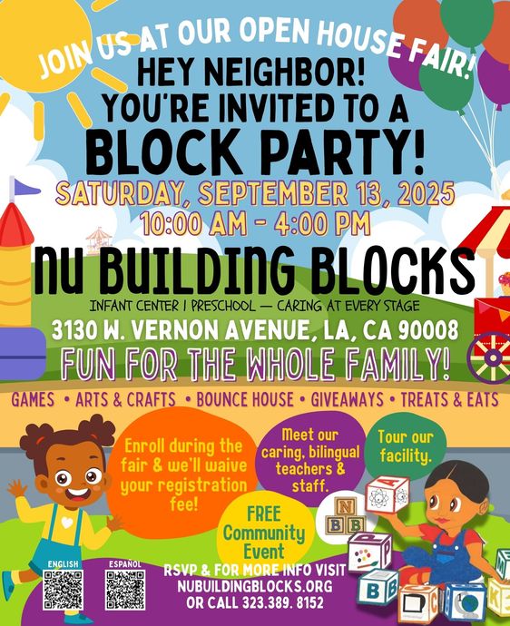 Block party flyer: NU Building Blocks open house. Saturday, September 13, 2025, in LA, includes games, crafts, bounce house.