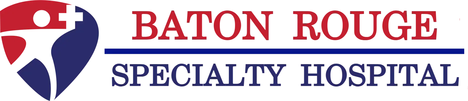 Logo for Baton Rouge Specialty Hospital. Heart shape with person outline, red and blue. Text: Baton Rouge.
