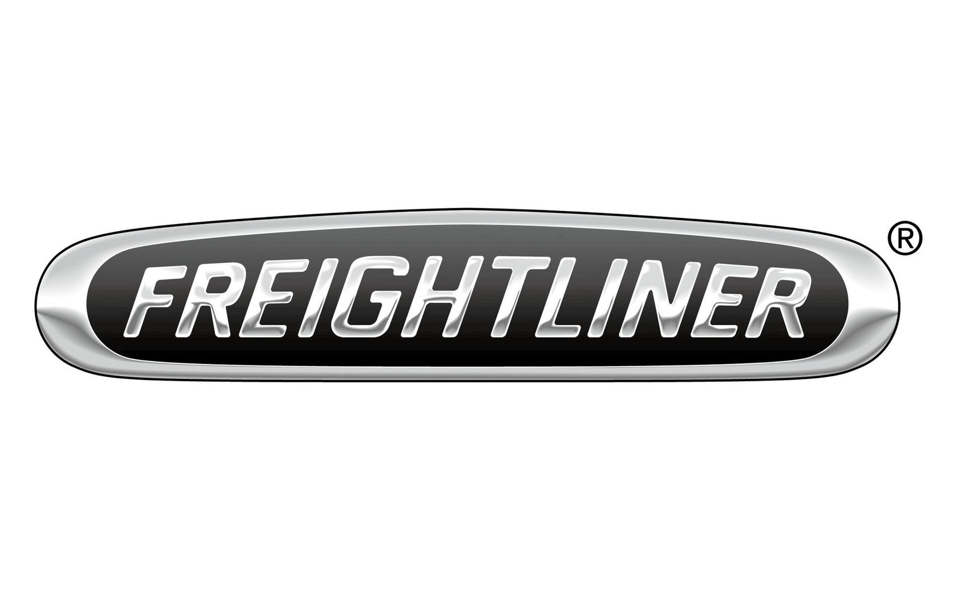 Freightliner logo, silver oval with black background, company name in white.