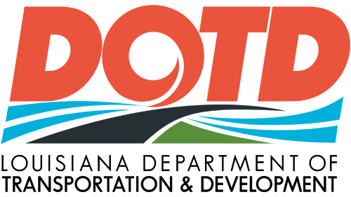 DOTD logo: Orange text above road and water graphic, Louisiana Department of Transportation & Development text.