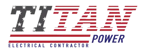 Logo for Titan Power, electrical contractor.  Text uses American flag design.  