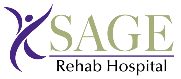 Logo for Sage Rehab Hospital, featuring a purple person icon and the name in green.