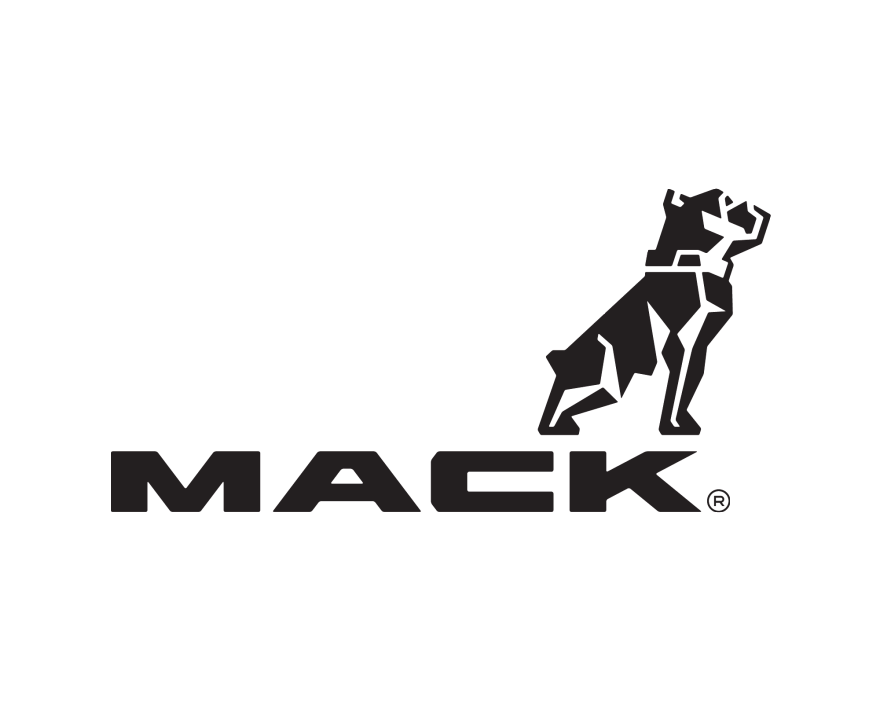 Black Mack Trucks logo with standing bulldog.