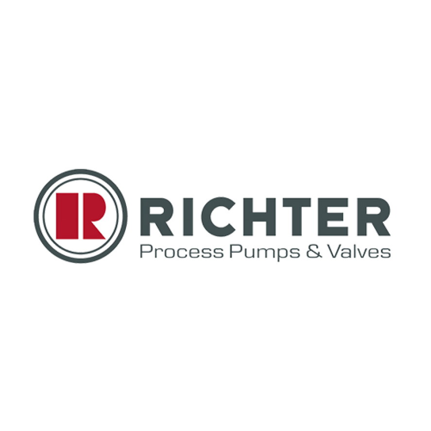 Logo for Richter Process Pumps & Valves: gray text and a red 'R' in a gray circle.