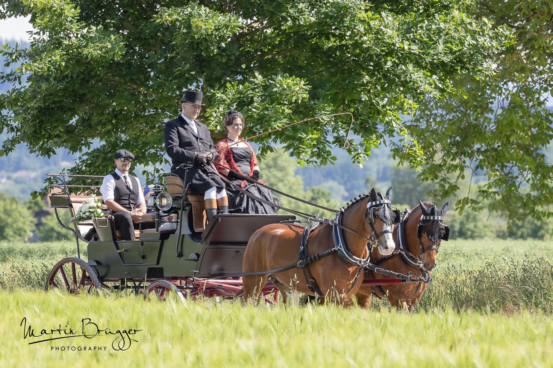 Eine von Pferden gezogene Kutsche transportiert drei Personen in historischer Kleidung durch ein grasbewachsenes Feld.