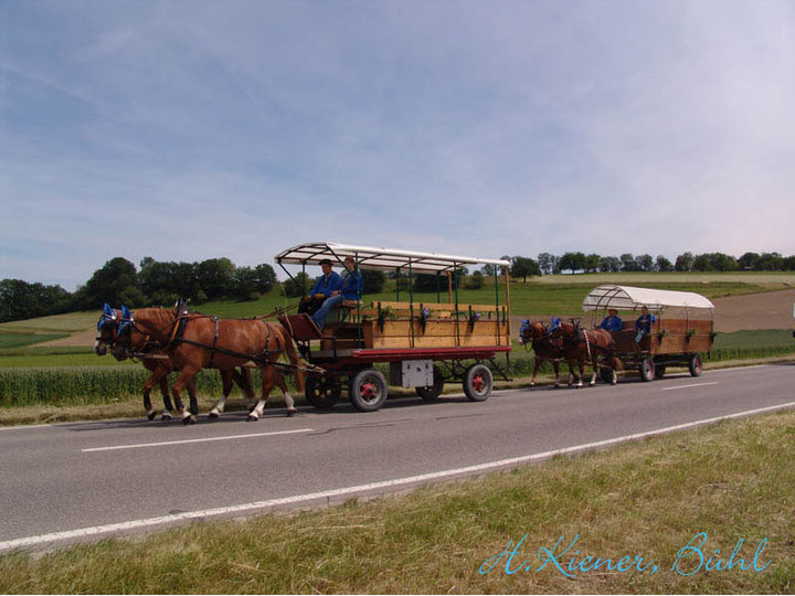 Zwei Pferdewagen auf einer Strasse in ländlicher Umgebung, mit Menschen in den Wagen.