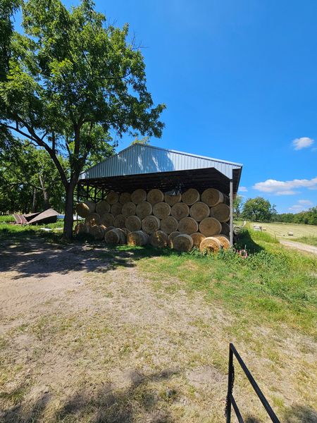 Hay bales stacked under a metal roof in a field, near a tree, under a blue sky.