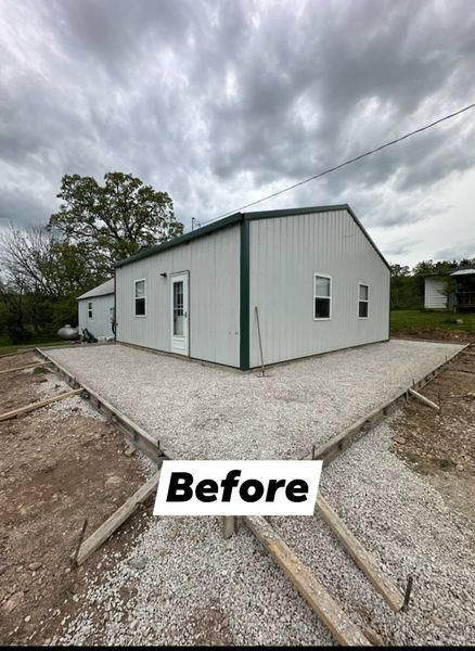 A metal building with a concrete foundation under a cloudy sky, labeled before.