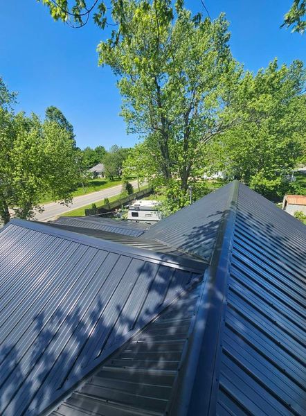 Dark gray metal roof with vertical ridges; trees and a street in background on a sunny day.