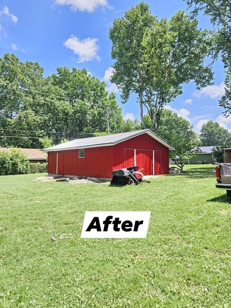 Red shed in a grassy backyard with trees and a blue sky overhead.