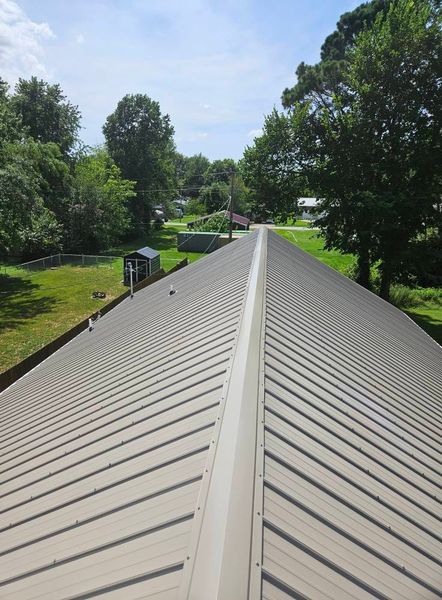 Metal roof of a building with visible ridges. Green trees and grass surround the structure.